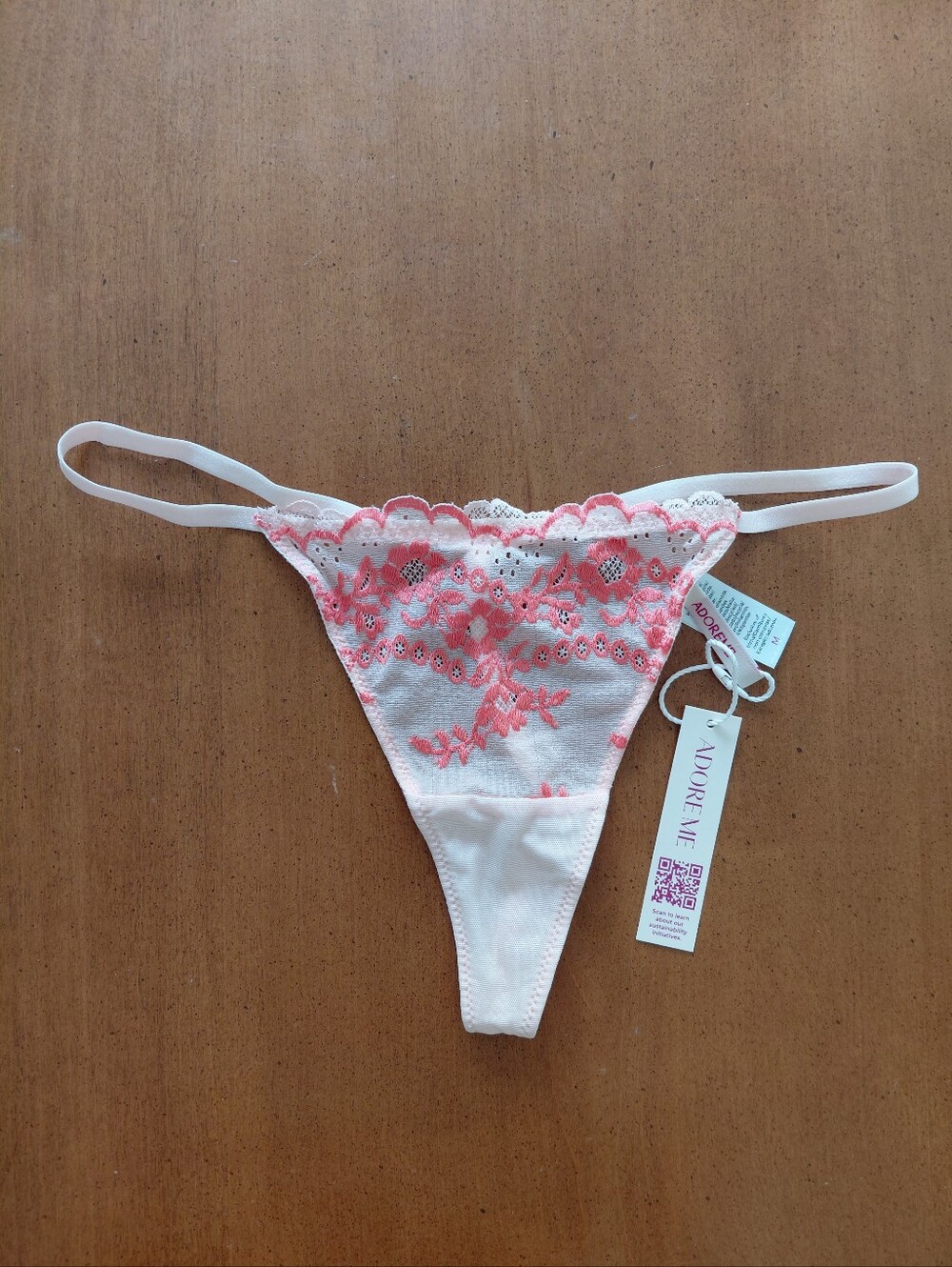 Adore Me Sheer Embroidered Pink G-string Thong Panty NWT Size M